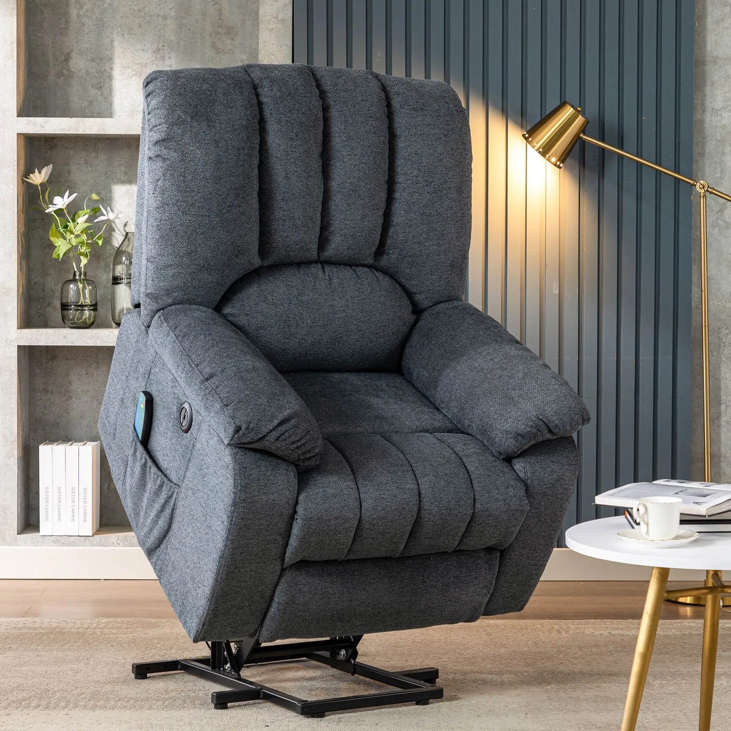 Electric Power Lift Recliner Chair with Massage and Heat, USB Ports, Side Pockets - Light Grey/Blue