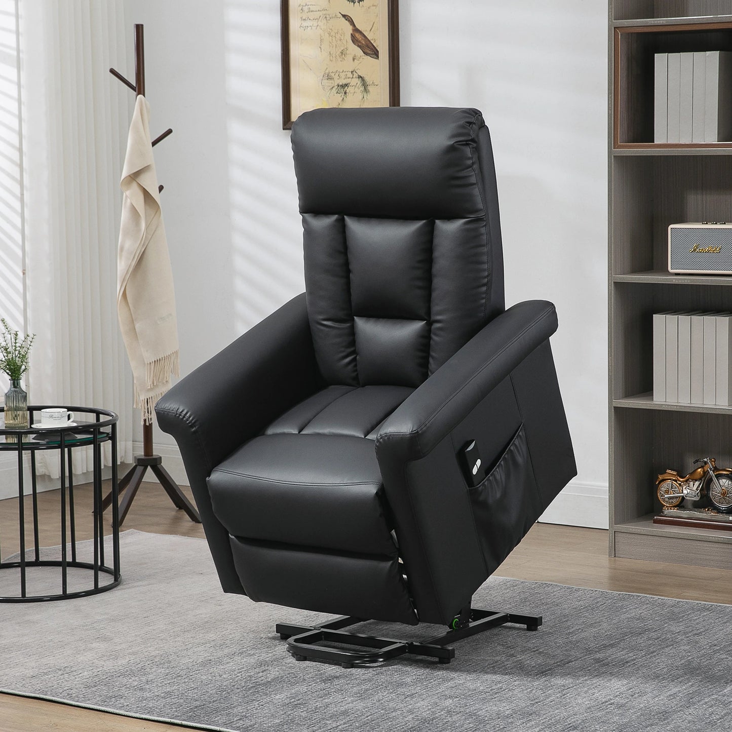 HOMCOM Power Lift Chair, PU Leather Recliner Sofa Chair for Elderly with Remote Control, Side Pocket, Black