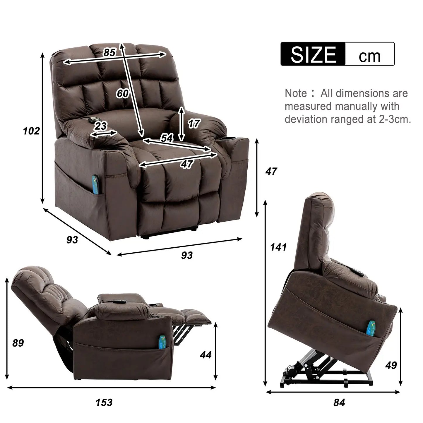 Electric Recliner Massage Chair with Heating and Power Lift, Ergonomic Lounge Sofa for Elderly - Brown