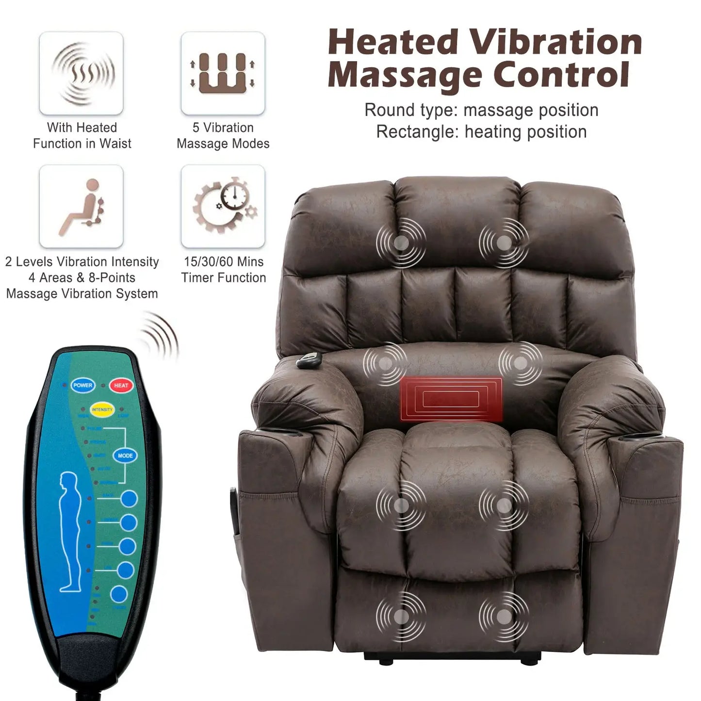 Electric Recliner Massage Chair with Heating and Power Lift, Ergonomic Lounge Sofa for Elderly - Brown