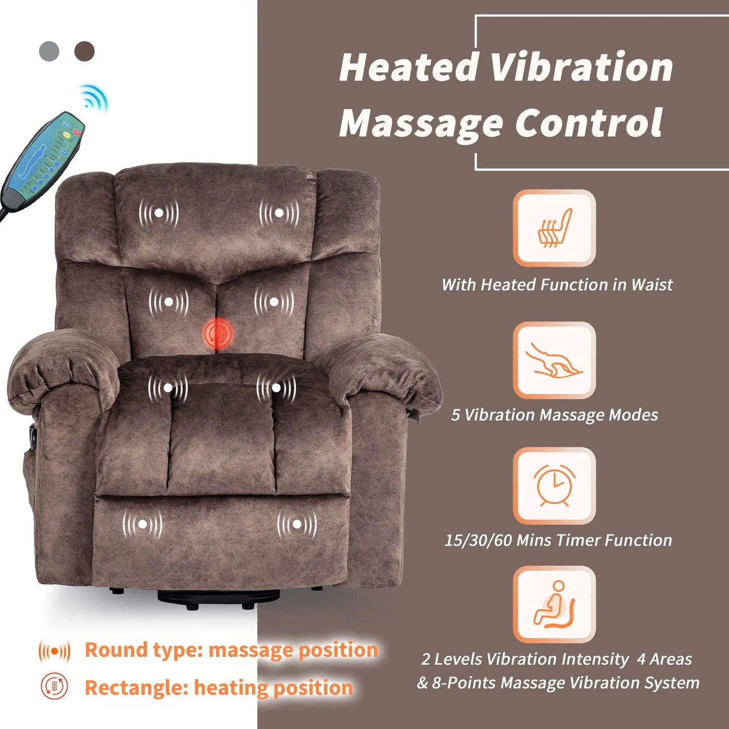 Electric Power Lift Recliner Chair with Massage and Heat, Velvet Fabric - Brown