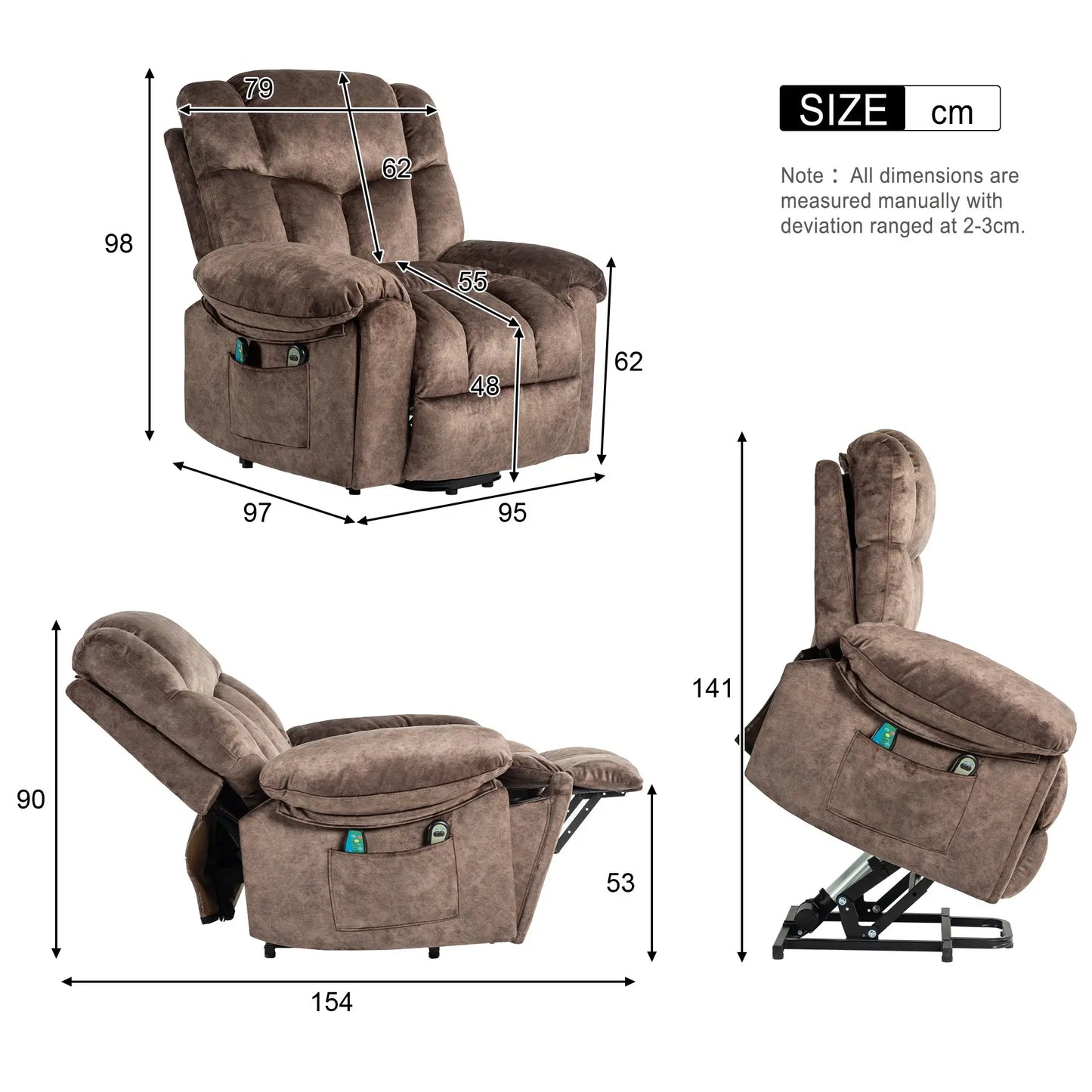 Electric Power Lift Recliner Chair with Massage and Heat, Velvet Fabric - Brown