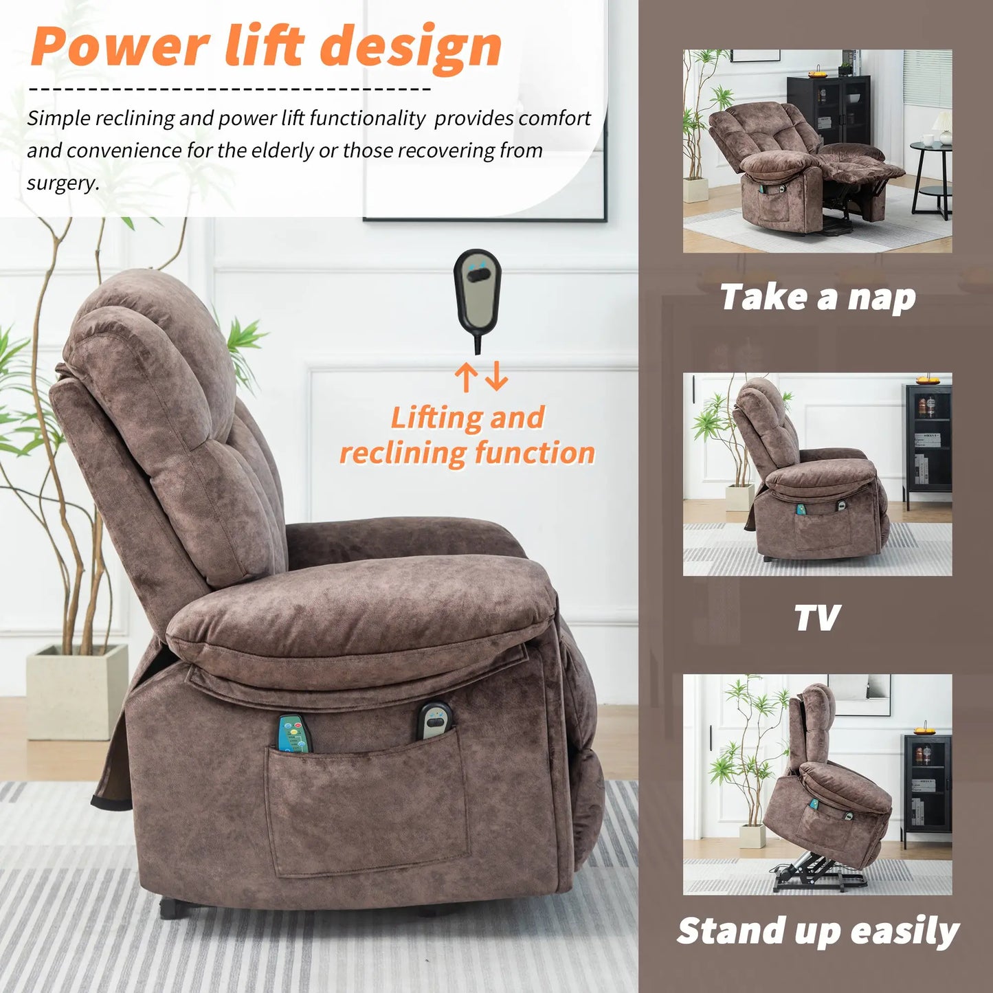 Electric Power Lift Recliner Chair with Massage and Heat, Velvet Fabric - Brown