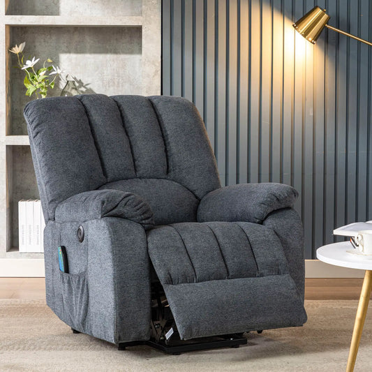 Electric Power Lift Recliner Chair with Massage and Heat, USB Ports, Side Pockets - Light Grey/Blue