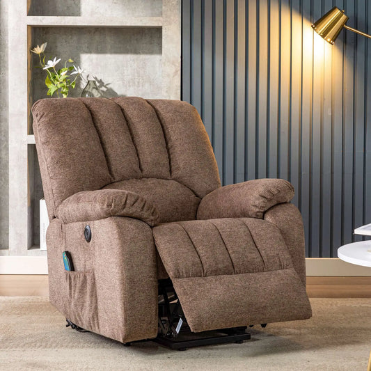 Electric Power Lift Recliner Chair with Massage and Heat, USB Ports, Side Pockets - Brown