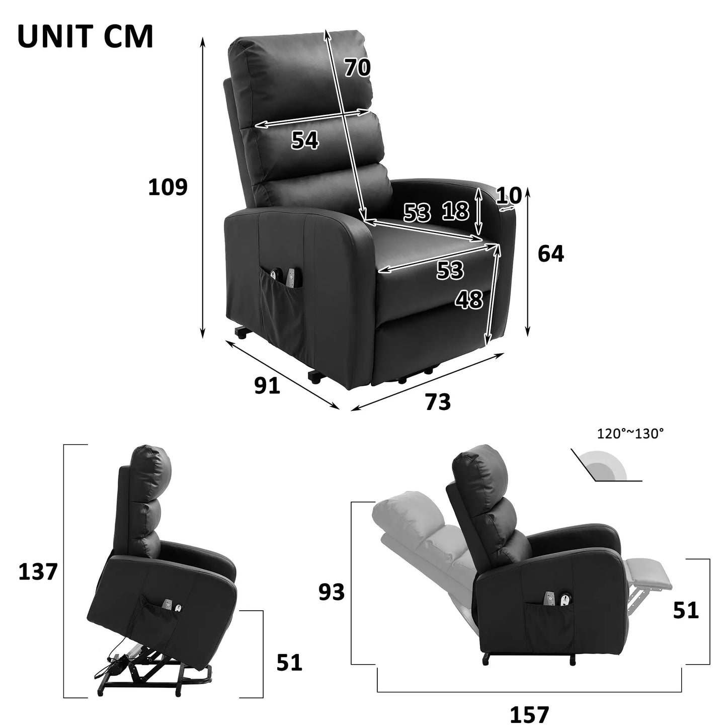 Power Lift Recliner Massage Chair with Heat & Vibration, Heavy Duty Safety Motion Mechanism, Side Pockets, Remote Control, Faux Leather - 73x91x109 cm, Black