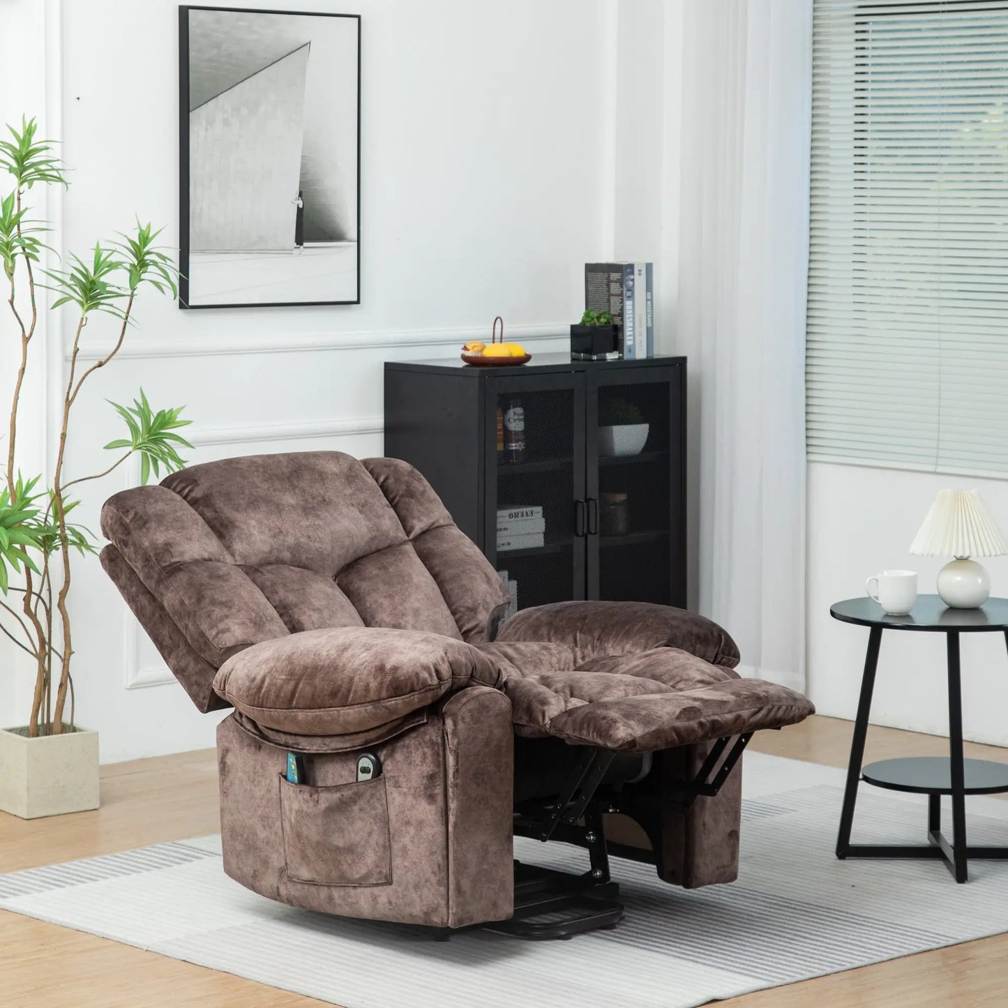 Electric Power Lift Recliner Chair with Massage and Heat, Velvet Fabric - Brown