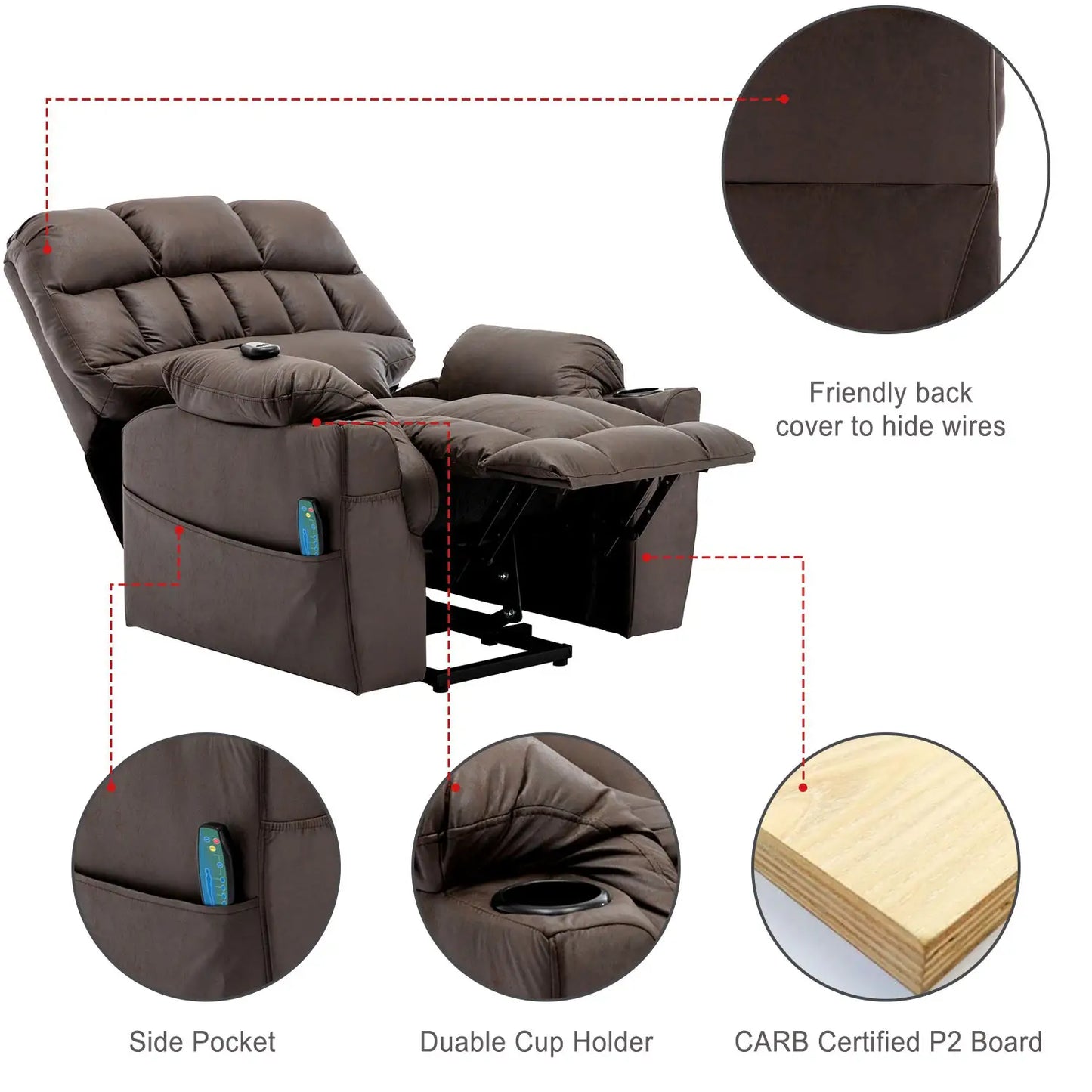 Electric Recliner Massage Chair with Heating and Power Lift, Ergonomic Lounge Sofa for Elderly - Brown