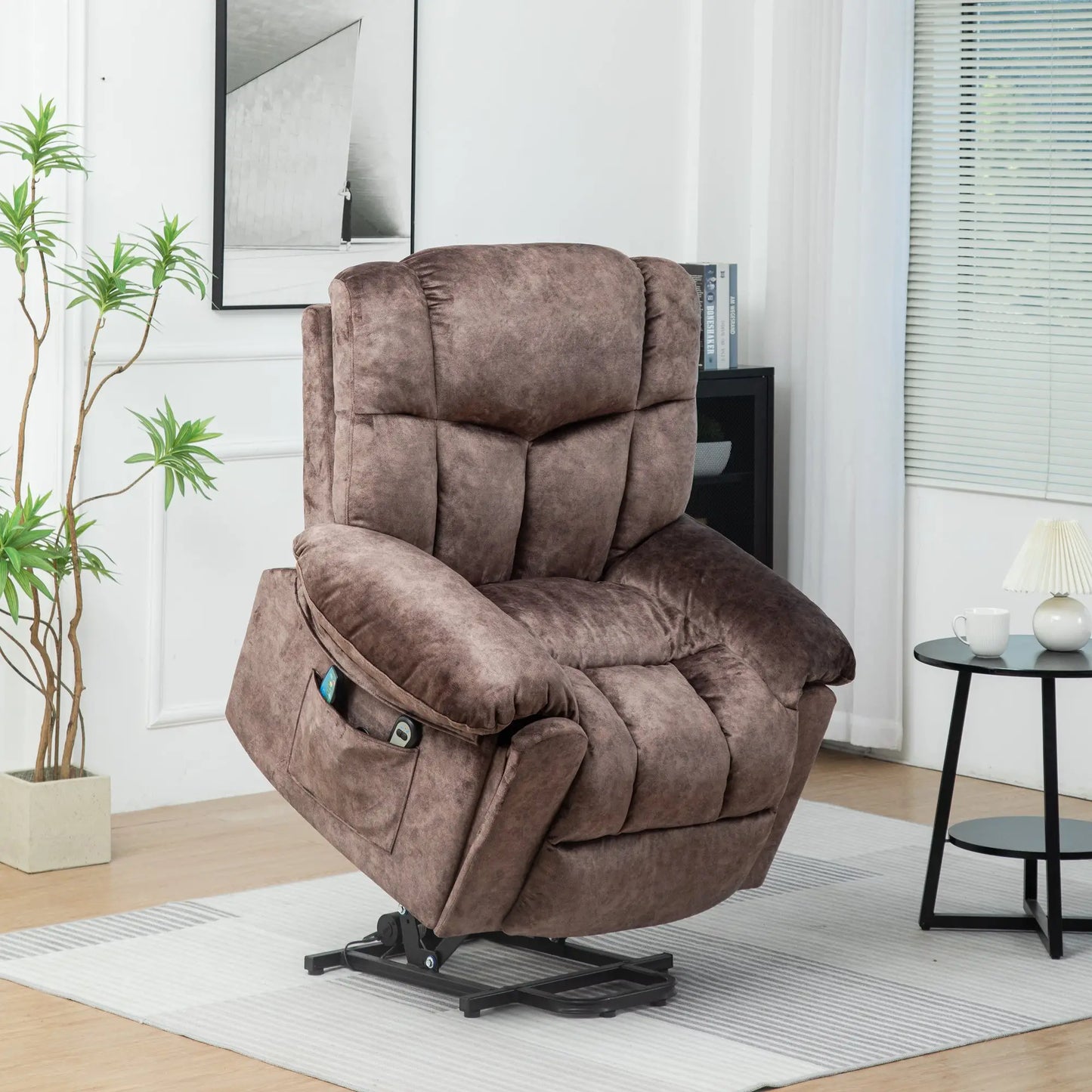 Electric Power Lift Recliner Chair with Massage and Heat, Velvet Fabric - Brown