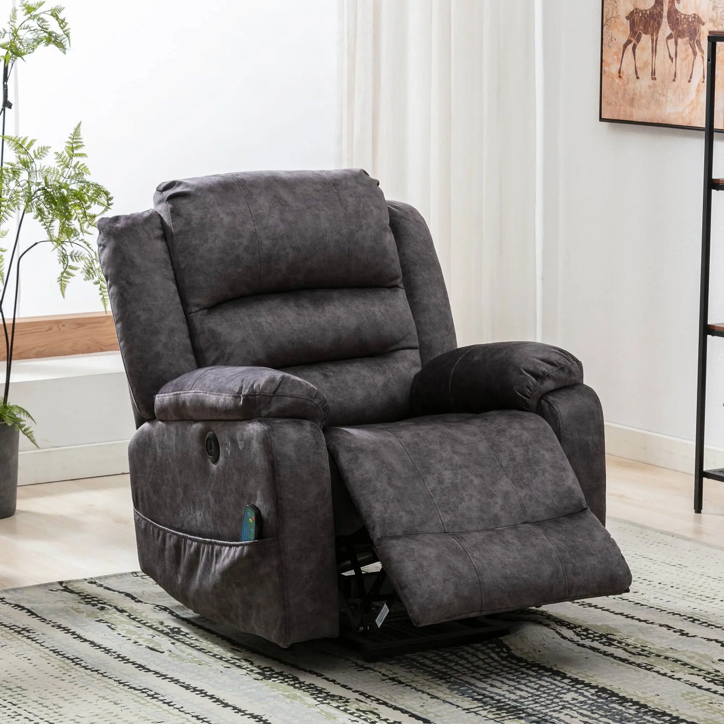 Electric Recliner Massage Chair with Heating and USB Ports, Side Pockets - Grey